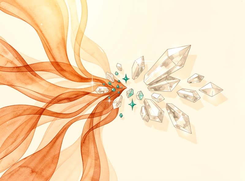 Warm abstract shapes flowing into geometric crystalline forms representing AI-powered idea generation